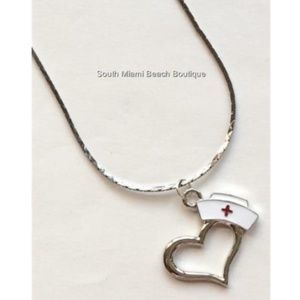 Silver Nursing Cap Heart Necklace RN LPN CNA 18"